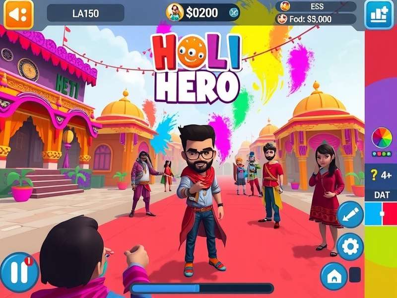 Holi Bash Hero gameplay screenshot showing colorful festival environment